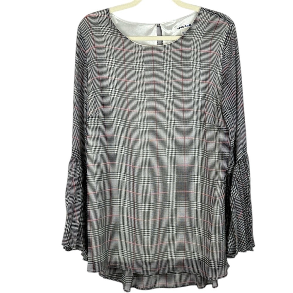 Peter Nygard Gray Plaid White Inner Lining Angel Pleated Sleeve Large Blouse